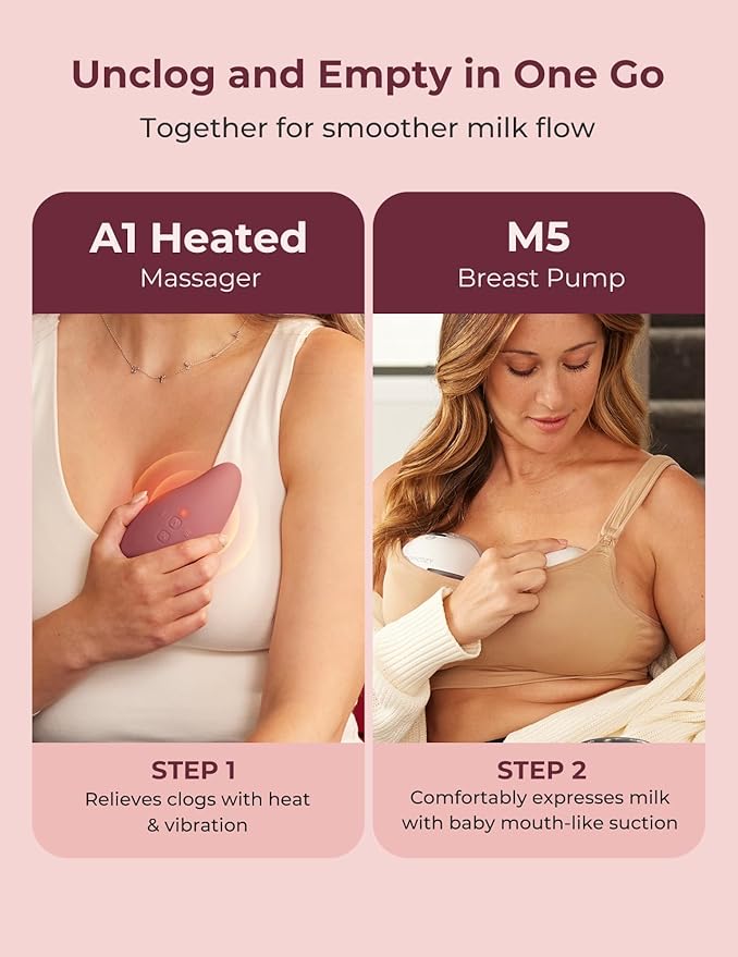 Momcozy M5 Breast Pump & A1 Lactation Massager Combo -Wearable Breast Pump with Double-Sealed Flange (3 Modes/9 Levels) + 2-in-1 Lactation Massager (Heat & Vibration) for Clogged Ducts & Milk Flow