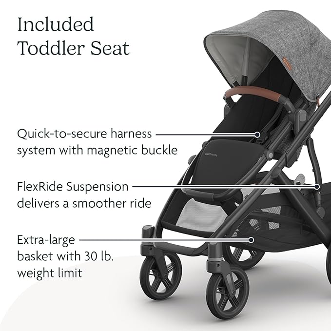 UPPAbaby Vista V3 Stroller - Full-Size Single-to-Double Stroller System - Toddler Seat, Bug Shield, Rain Shield, and Storage Bag Included - Greyson (Charcoal Mélange/Carbon Frame/Saddle Leather)