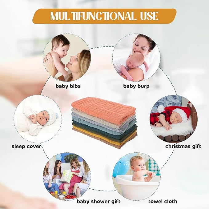 8 Packs Muslin Burp Cloths 6 Layers Unisex Baby Items Absorbent Burp Rags Colorful Muslin Washcloths for Baby Plain Soft Cotton Cloth for Babies Girls Boys, 10 x 20 Inch (Beautiful Colors)