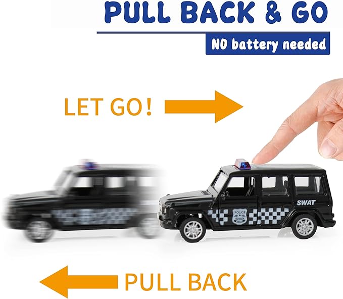 KIDAMI Die Cast Metal Toy Cars Set of 5, Little Openable Doors Pull Back Car Gift Pack for Kids (Police car)