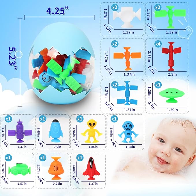 Suction Bath Toys for Kids, 20 Pcs No Hole Outer Space Bath Toy with Eggshell & Bag, Silicone Suction Cup Toys, Sensory Window Building Toys for Toddlers Boys Girls 3 4 5 6 Year Old