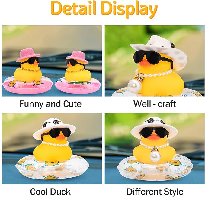 wonuu Car Rubber Duck, Yellow Duck Decoration Dashboard with Sun Hat Swim Ring Necklace Sunglasses for Car Dashboard Decorations, Pink Top Hat-Pink