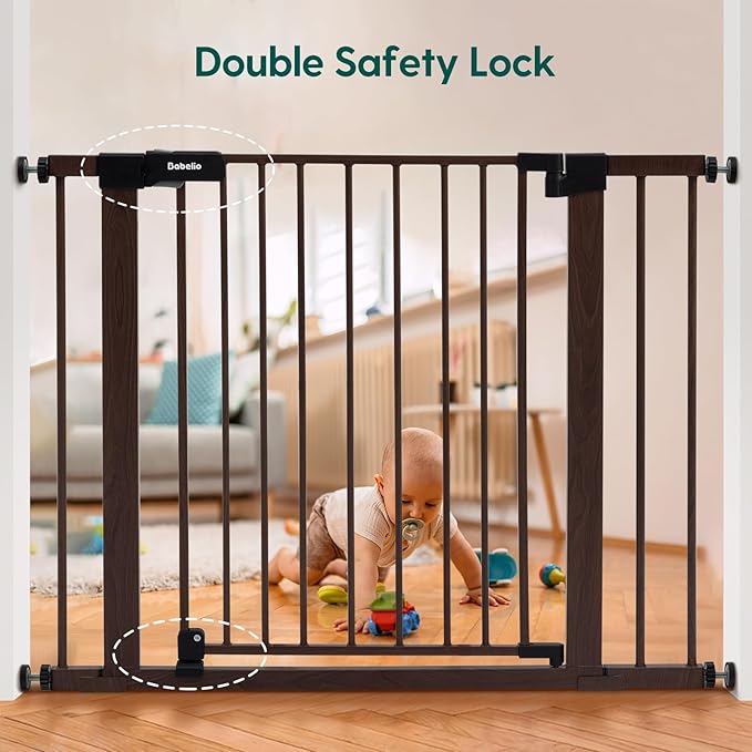 Mom's Choice Award Winner-BABELIO 26-40" Metal Baby Gate with Black Wood Pattern, PressGuard C5 Easy Install Pressure Mounted Dog Gate for Stairs and Doorways, with Wall Protectors and Extension Kits