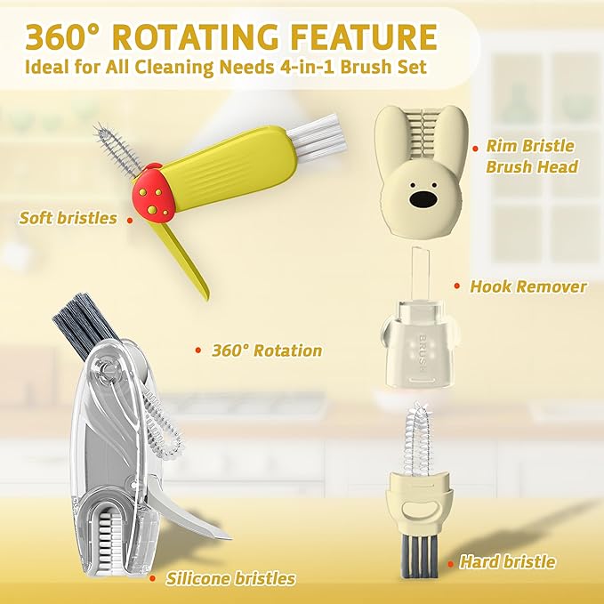 Cup Lid Cleaning Brush, Multifunctional Set with 3 in 1 Lid Cleaner and Two 4 in 1 Cup Lid Cleaning Brushes, Cleaning Brush Tool for Bottles, Straws, Tumblers, Travel Mug Caps, Portable Kit (Yellow)