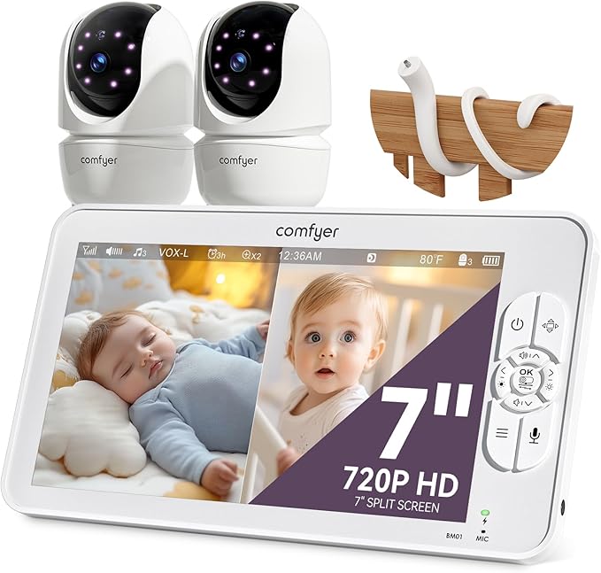7" Split-Screen Baby Monitor with 2 1080P Cameras, 720P HD No WiFi Monitor with a Flexible Bracket, Video Baby Monitor with Camera and Audio, 2 Way Audio, Remote PTZ, Auto Night Vision