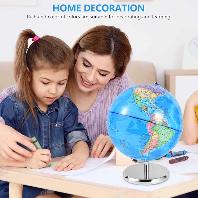10 Inch World Globe Rotating Earth Spinning Globe with Heavy Metal Stand for Kids Geography Classroom Education or Office Home Decorations