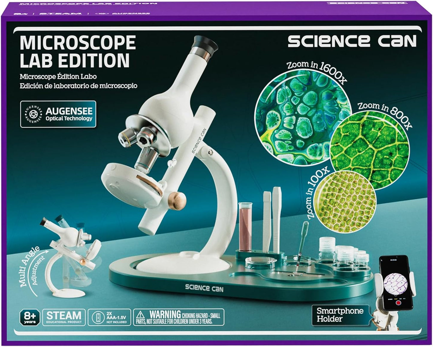Science Can Microscope for Kids, 1600X Magnification LED Student Microscope with 8 Prepared Slides, Educational Science Lab Toy Great Birthday Gifts, Science Kits for Kids Ages 8-12