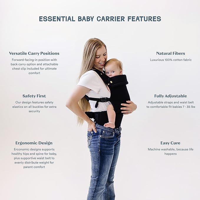 Ava & Oliver Essential Baby Carrier – Ergonomic, Hip-Healthy Soft Structured Carrier for Infants & Toddlers (7–35lbs) - Front and Back Carry, Breathable Fabric, Stylish & Lightweight (Black)