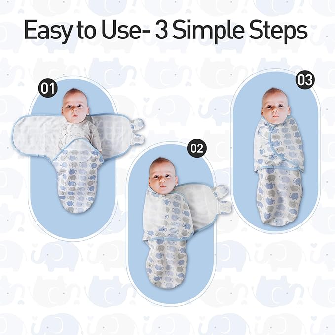 GLLQUEN BABY Swaddle Sleep Sack - 3 Pack Infant Swaddles for Newborn, Baby Swaddling Sack 0-3 Months, Ergonomic Newborn Swaddle Blanket for Baby Boy and Girl, Blue & Elephants