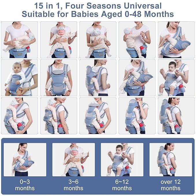 Baby Carrier with Hip Seat, for 0-48 Month Baby, Soft Baby Carrier Newborn to Toddler, 15-in-1 Ways to Carry, Adjustable Size with Sunshade, Windproof & Storage Functions (Blue)