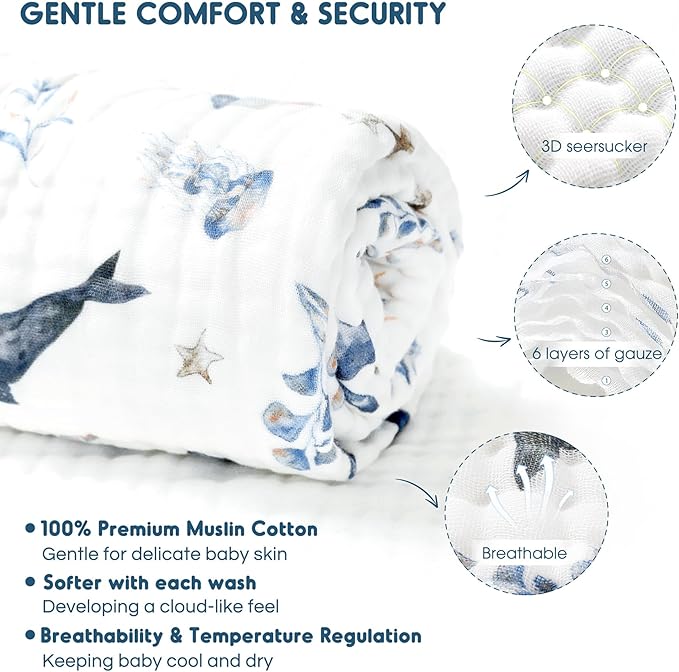 GRSSDER Ultra Soft Absorbent Muslin Cotton Baby Hooded Towel 2 Pack with Original Patterns, Extra Large Size 35"x 35" Swaddle Wrap for Newborn Infant and Toddler
