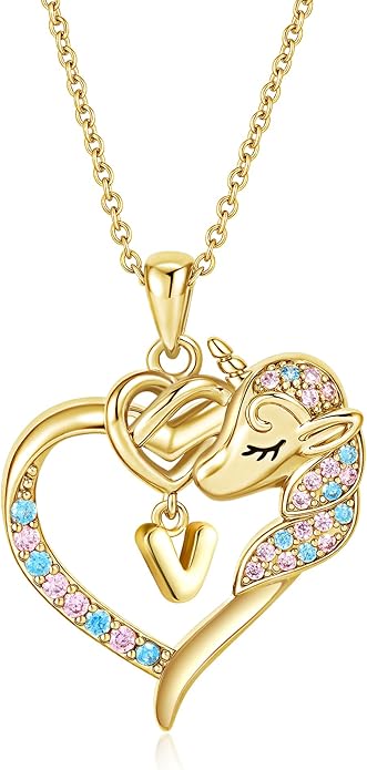 Unicorn Necklaces for Teen Girls Kids - Colorful CZ 18K Gold Plated Heart Initial Necklaces for Women Gold Jewelry Birthday Unicorn Gifts for Girls 6-8 Women