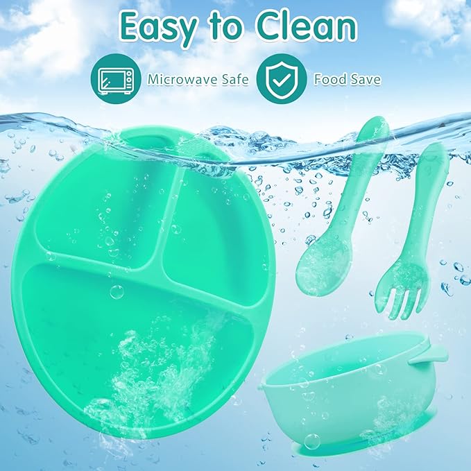 Chengu 12 Pcs Silicone Bowl with Suction Set for Baby Toddler with Suction Plate, Spoon and Fork, Divided Design Baby Feeding Utensils Weaning Kit, Dishwasher and Microwave Safe