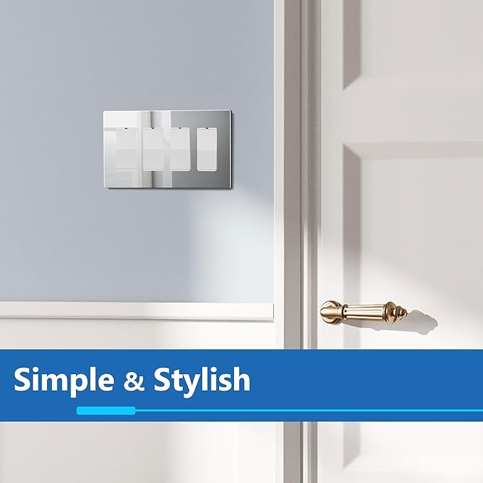 LIDER Quadruple Decorator Wall Plate, Impact Resistant, Mirrored Acrylic Plexiglass Reflective Finish Modern Upgrade Screwless Light Switch Outlet Cover Mid-Size 4-Gang 4.88" x 8.58" Silver