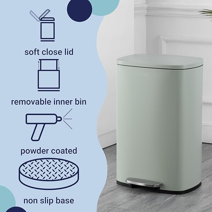 happimess HPM1006E Connor Rectangular 13-Gallon Trash Can with Soft-Close Lid and Free Mini Trash Can, Fingerprint Resistant, Modern, Minimalistic for Kitchen, Office, Bathroom, Pistachio Gelato