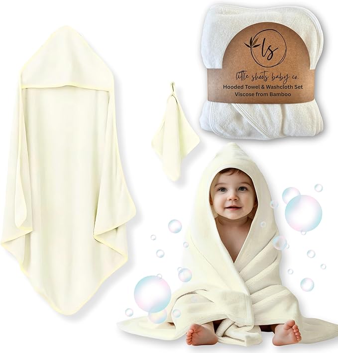Hooded Baby Toddler Towel and Washcloth Set Made with Viscose from Bamboo, Large Size of 35" x 35", Soft and Absorbent, Baby Essential in Lemon