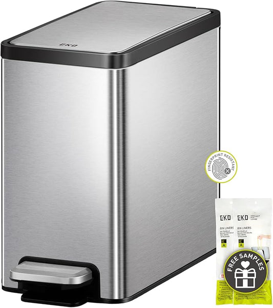 EKO Slim Small Bathroom Trash Can with Lid, Stainless Steel Small Garbage Can with Removable Inner Bucket, 6L / 1.6 Gal, Step On Trash Bin