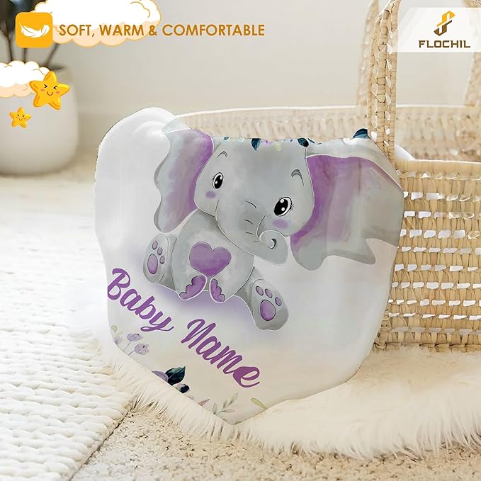 FLOCHIL Personalized Baby Blankets, Custom Baby Blanket - Baby Blanket with Name for Girls, Best Gift for Newborn Elephants Plush Fleece (30x40)