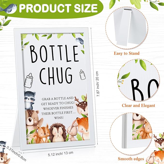 Roowest Bottle Chug Baby Shower Game Favors Including Woodland Animal Theme Wooden Sign and 18 Pcs Baby Bottles for Gender Reveal Party Supplies