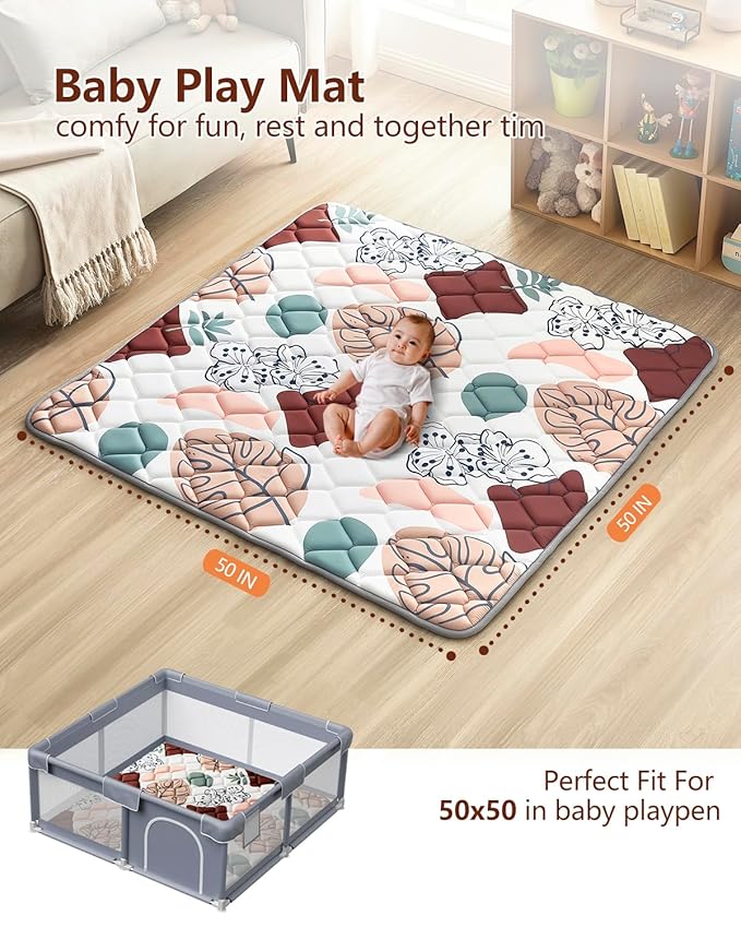 Baby Play Mat 50"x50", Non-Slip Baby Mat for Floor, Soft Thicker Playpen Mat, Portable Playmat, Crawling Mat for Babies, Toddlers & Infants to Play and Learn（Boho）