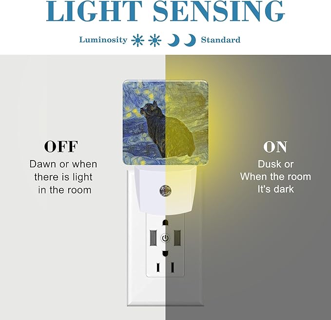 Plug in Night Lights Starry Sky Black cat Painting Nightlight Plug Into Wall Dusk to Dawn Sensor LED Night Light for Kid Girls Boys Room Decor, Hallway, Kitchen, Bathroom, Nursery, Stairs