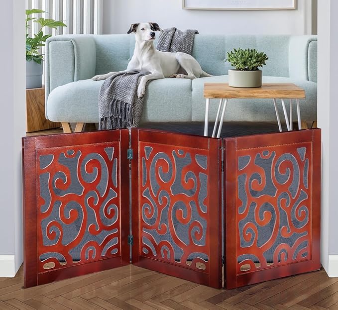 Bundaloo Freestanding Dog Gate Expandable Decorative Wooden Fence for Small to Medium Pet Dogs, Barrier for Stairs, Doorways, & Hallways (Mehagony Scroll)