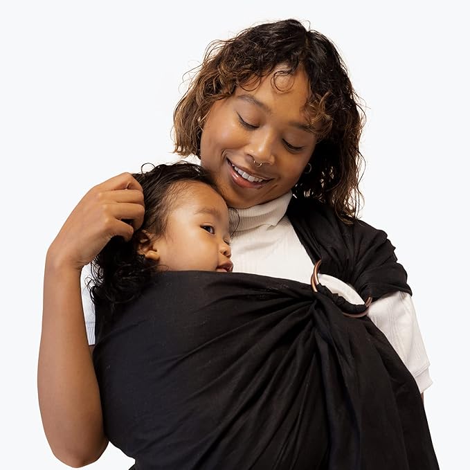 WildBird Ring Sling Baby Carrier for New Moms & Dads & Caregivers - Made from 100% Belgium Linen - for Newborns to Toddlers Up to 35 lbs - Long 90" Size (Raven Fabric/Bronze Ring)