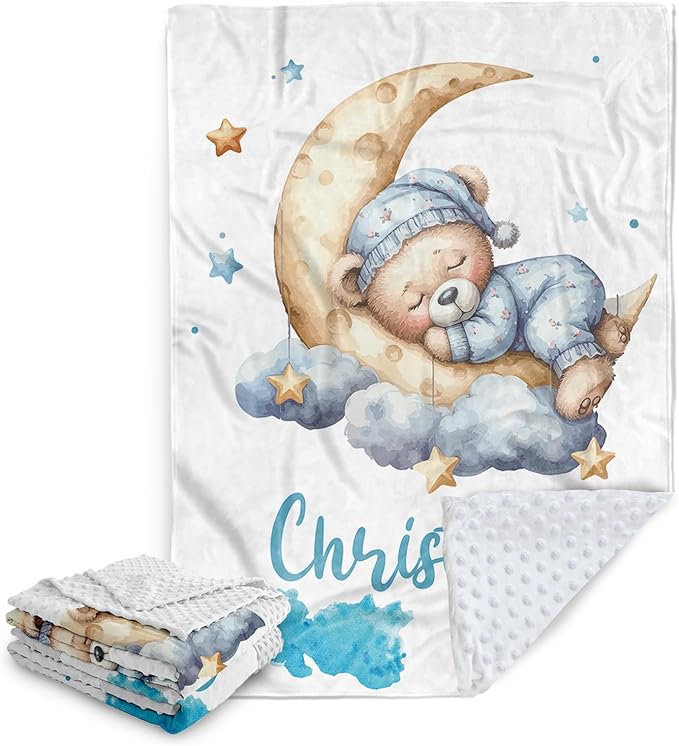 Customized Baby Blanket, Personalized Newborn Blankets with Name, Soft Receiving Blanket for Boys Girls, Blue Bear Double Layer Dotted Swaddle, Nursery Toddler Baby Shower Infant Gifts(60"x80")