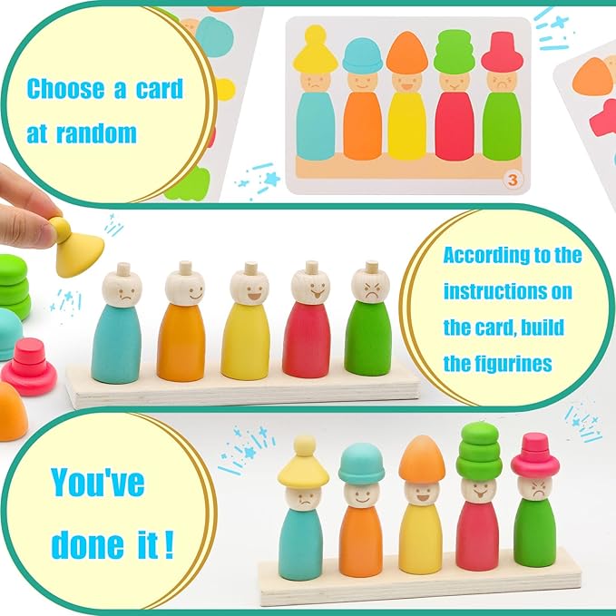 ZHX Montessori Wooden Stacking Toys for 3 4 5 6 Year Old Boys Girls, Colorful Puppet Hat Face Matching Game Preschool Educational Toys Gift for Toddler