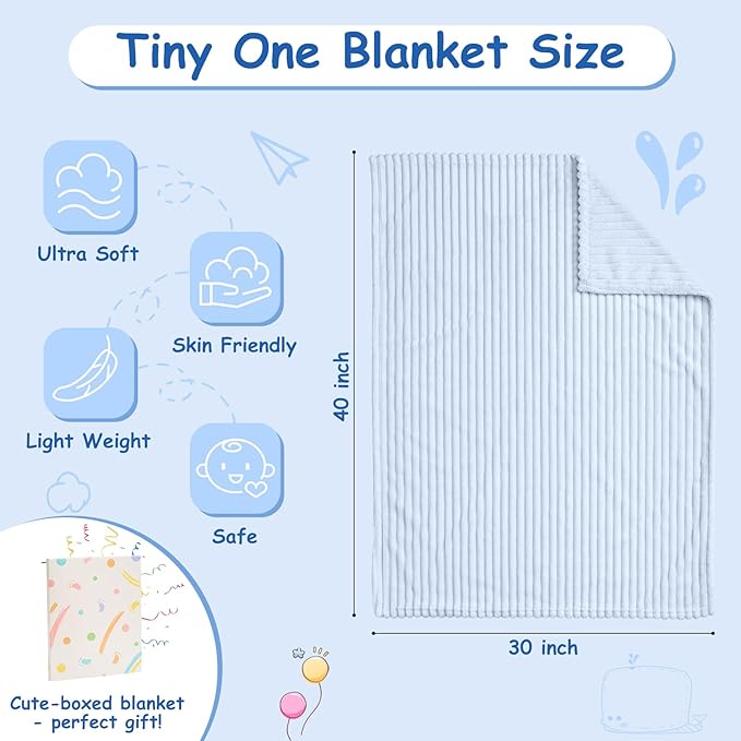 Soft Fleece Baby Blanket Ultra Cozy Blue Baby Blankets for Boys Warm and Lightweight Infant Toddler Newborn Receiving Gift with Reversible Stripes for Crib Stroller, 30x40 Inch, Light Blue