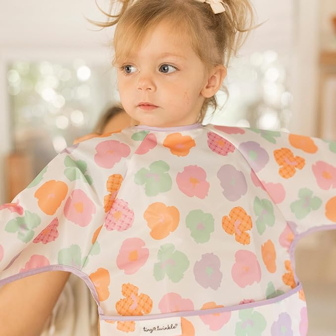 Tiny Twinkle Long Sleeve Bib for Babies & Toddlers – Waterproof Smock Bib for Eating – Machine Washable & Mess-Proof, Baby Feeding Essential & Shower Must-Have(Floral Pop, 6–24M)