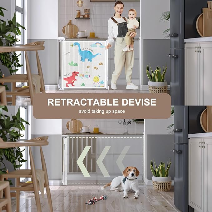 Retractable Baby Gate for Doorways and Stairs, Mesh Safety Gate for Pet, Indoor & Outdoor Use, One-Hand Operation, Easy Installation, 34" Tall, Expands to 71" Wide,Dinosaurs, 34"x71"