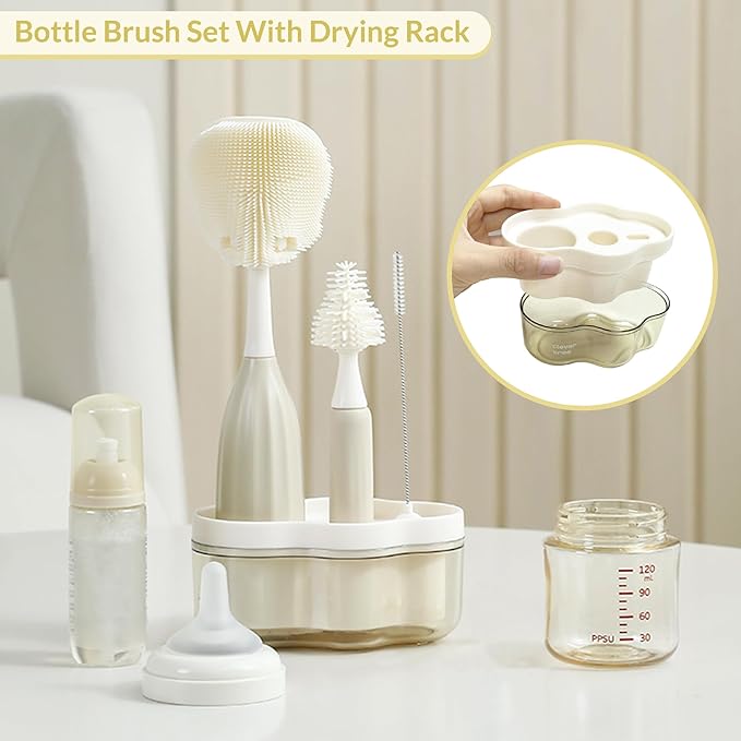 Baby Bottle Brush Kit with Push-Press Bubble and Drying Rack for Bottle Cleaning, Bendable Bottle Cleaner Brush for Baby Bottles, Breast Pumps, Nipples, Straws and More. Perfect for Home&Travel