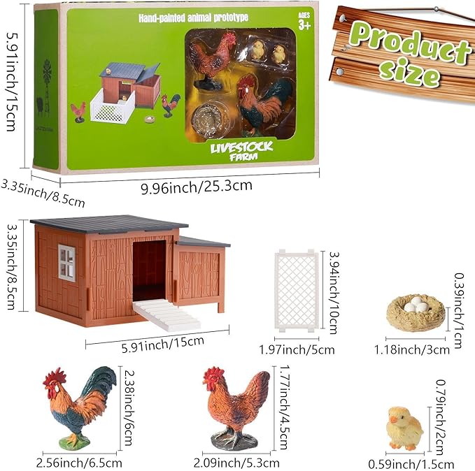 Skylety 9 Pieces Easter Chicken Figurine Chicken Model Playset Farm Action Figures Fences Around Building Blocks Farm Coop Set Birthday Party Present Animal Christmas Easter Gift