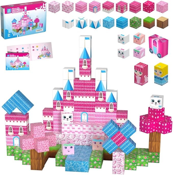 150PCS Magnetic Blocks, Magnet Building Cube Toy, Build 3D Pink Princess Castle Set for Girls, Montessori Sensory Toys for Kids, STEM Educational Toys, Christmas, Children's Day Gift for Boys & Girls