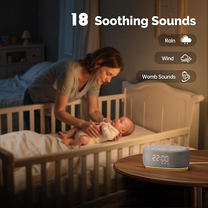 1Mii White Noise Sound Machine for Sleep, Pink Noise Machines for Baby Adults Sleeping, 18 Soothing Sounds with 7-Color Night Light, Timer, Alarm Clock, 16 Volume Levels, Remote App Control - Grey