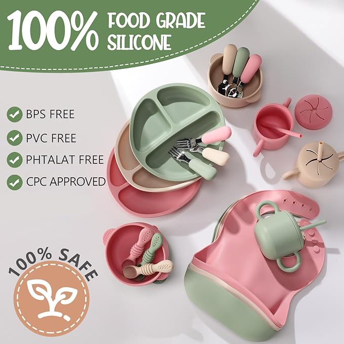 Yinder 24 Pack Silicone Baby Feeding Set Baby LED Weaning Supplies Includes Suction Divided Plates Soft Bowl Spoons Forks Adjustable Bib Snack Cup and Straws(Dark Green, Beige, Light Pink)