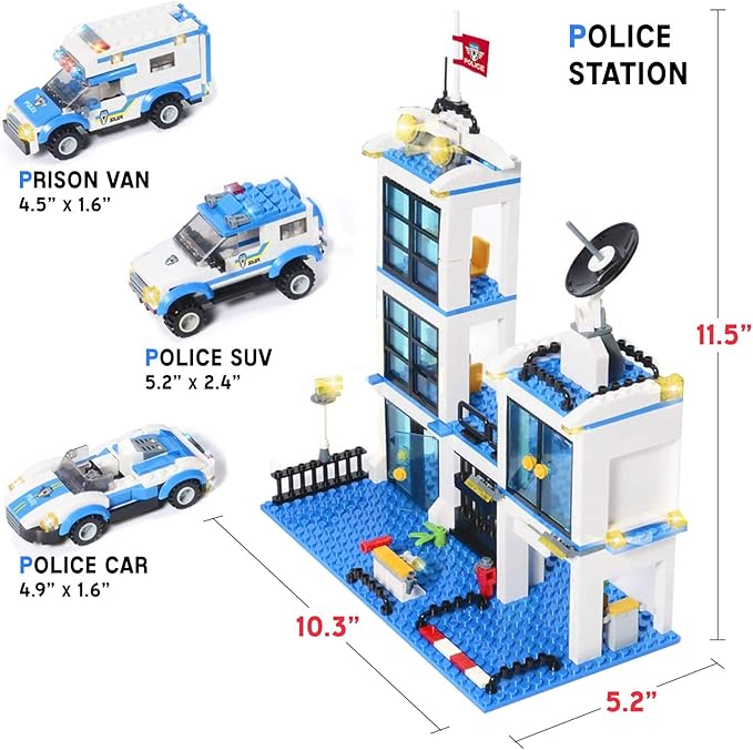 Liberty Imports 736-Piece City Police Station Building Blocks Set, with 3 Police Cars, Cop Patrol Car, Prison Car, Construction Toy Building Bricks Kit, Gift for Boys & Girls 6-12