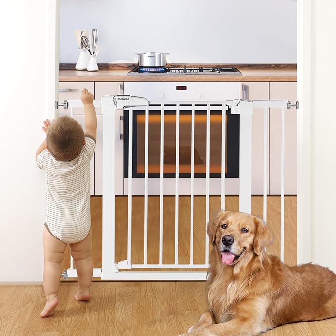 Babelio Metal Baby Gate, 29-43" Auto Close Easy Install Pet Gate PressGuard P7, Extra Wide Walk Thru Child Safety Gate, 30" Tall Pressure Mounted Dog Gate for Doorways & Stairs, White