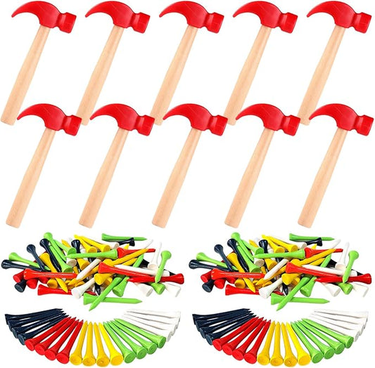 10 Pcs Kids Wooden Hammer Toy with 100 Pcs Colorful Wood Golf Tees, Small Plastic Hammer Simulation Hammers Educational Toys for Children Gift Birthday Party Halloween (Red)