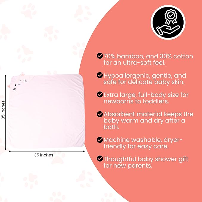 Premium Hooded Towel - 500GSM Viscose derived from Bamboo Cotton Baby Towels- Ultra Soft & Absorbent, Extra Large 35” x 35”, Hypoallergenic, Machine Washable Toddler Towel - Cat