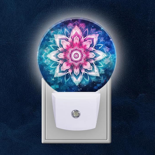 Round LED Night Lights Lamp with Dusk to Dawn Sensor, Mandala Flower with Pink and Blue Colors Night Light Plug Into Wall for Kids Room, Bedroom, Bathroom, Kitchen, Hallway
