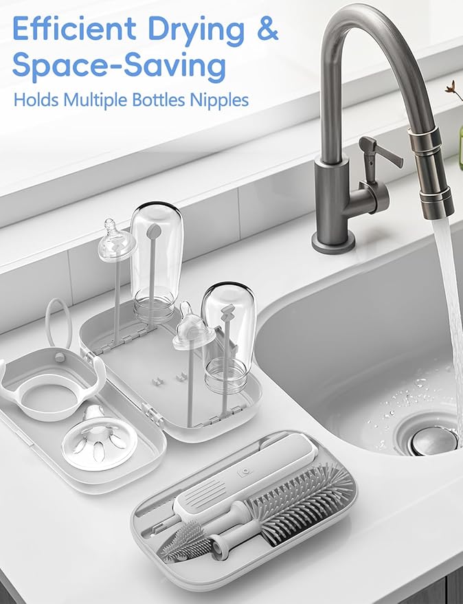 Electric Baby Bottle Brush Cleaner - Baby Bottle Brush Travel Essential, Safe BPA-Free Silicone, One Button 360° Efficient Cleaning, Long-Lasting 2000 mAh Battery, Storage Box for Travel (Grey)