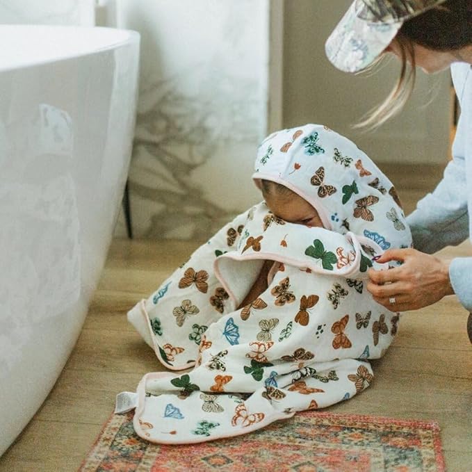 Little Unicorn Premium Hooded Bath Towel| Absorbent Cotton & Terry Blend | Larger Size, 1-6 Years (Butterflies)