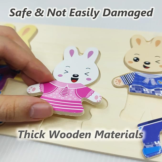 Wooden Bunny Family Dress-up Puzzle Box for Toddlers(72pcs),Change Clothes Puzzle Games, Preschool Learning Activities Toys for Kids Ages 3+