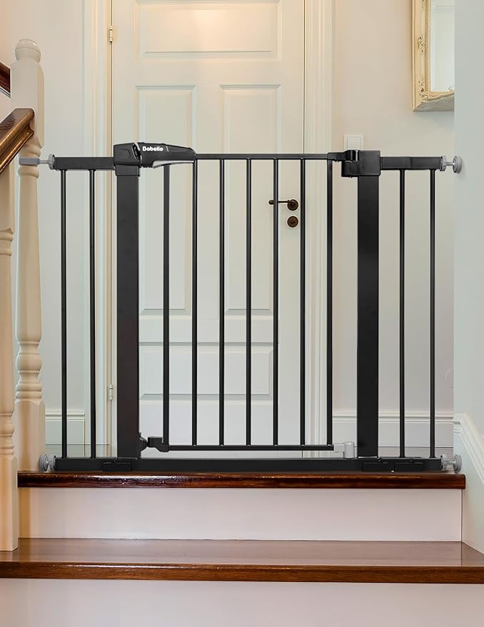 Babelio Baby Gate, 29-43" Auto-Close Easy Install Pet Gate, PressGuard P7 Extra Wide Walk Thru Child Safety Gate, 30" Tall Pressure-Mounted Metal Dog Gate for Doorways & Stairs, Black