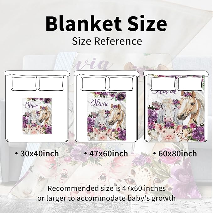 Custom Baby Blanket with Name, Horse and Animals Design, Soft Flannel with Double Layer Dotted Backing, Receiving Swaddle Blanket Suitable for Infants and Toddler