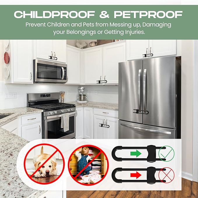 Jetec 10 Pieces Cabinet Locks for Babies, U-Shaped Proofing Drawers Safety Child Locks Adjustable, Easy to Use Childproof Latch for Knob Handle on Kitchen Door Storage Cupboard Closet (White, Black)