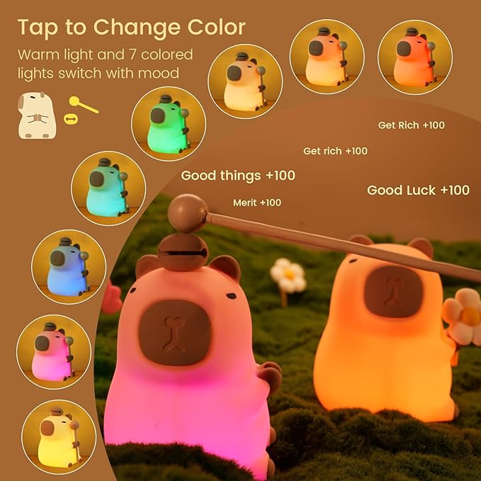Capybara Night Light, Nursery Lamp, 7-Color RGB & 3-Level Warm Dimmable, Tap Control, 30Min Timer, 100% Safe &Soft Silicone, Adorable, Soothing Ambiance, Gift for Kids, Zen, Wooden Fish