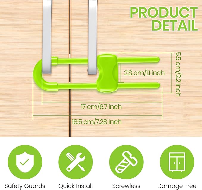 Jetec 10 Pieces Cabinet Locks for Babies, U-Shaped Proofing Drawers Safety Child Locks Adjustable, Easy to Use Childproof Latch for Knob Handle on Kitchen Door Storage Cupboard Closet (Green)
